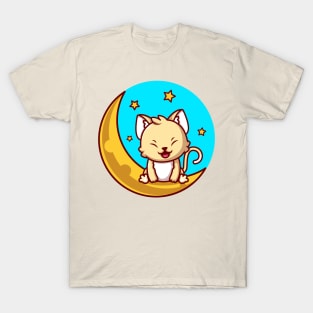 Cute Cat Sitting On Sickle Moon With Stars Cartoon T-Shirt